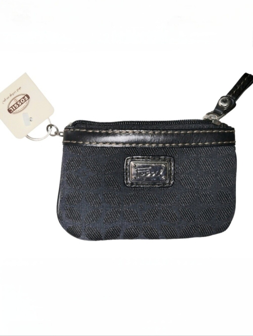Fossil Brown Canvas Coin & ID Holder With Leather Trim  /  Key Ring /  NWT